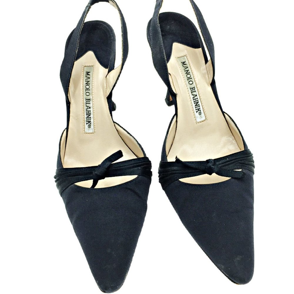Manolo Blahnik Black Fabric Pumps w/Heel Strap 37 - Picture 2 of 5